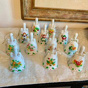 Vintage 12 Days of Christmas Bisque Porcelain Bell Ornaments 12 Bells Incomplete